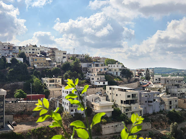 Leafy foreground frames a hillside town of clustered white buildings rising above terraced slopes and winding roads.