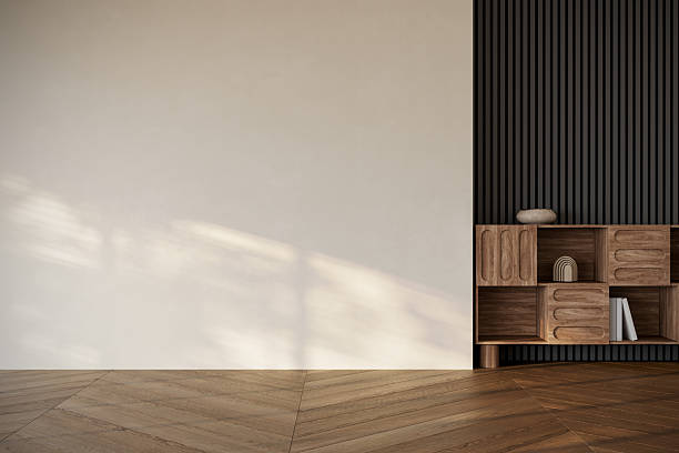 istock Modern empty wall with wooden floor and shelf, natural light creating calm shadows. Ideal for artwork mockups. 3D render 2233949922