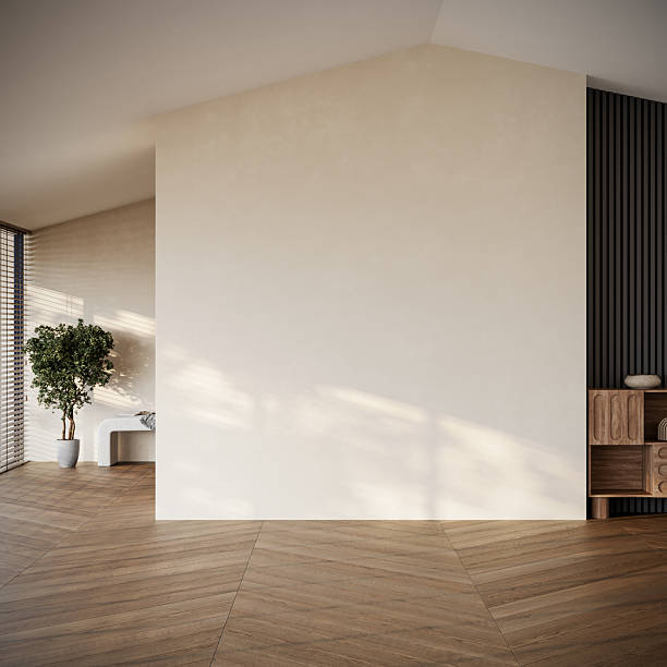 istock Modern empty wall with wooden floor and shelf, natural light creating calm shadows. Ideal for artwork mockups. 3D render 2233949938