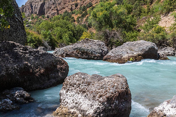 Looking out over the Aksu river from the bottom of the Aksu Canyon, in southern Kazakhstan.