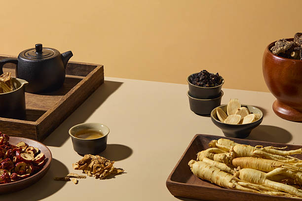 istock Top view of tea set composition featuring ginseng root, dried berries, ceramic teapots, and bowls, creating a serene and balanced presentation. Advertising 2233952410