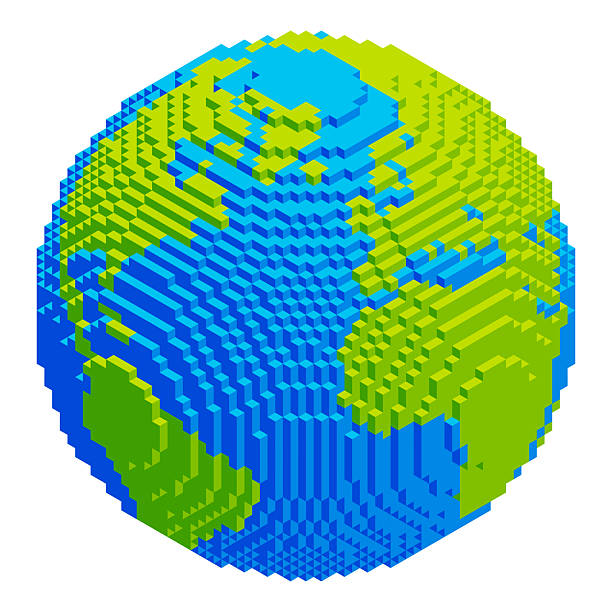 istock Planet Earth in 3d voxel style with green blue small cubes that form continents and oceans. Voxelized Earth designed as colorful blocky sphere for icon, logo or eco design element for ecology themes 2233956676