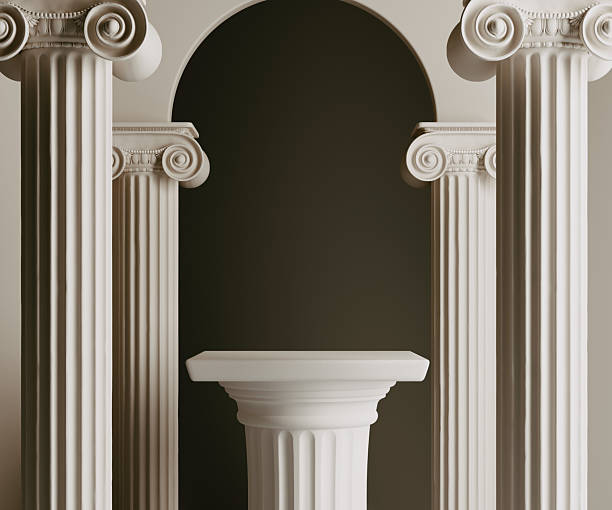 istock Classical architectural scene with an empty stone column podium set against a dark arch. Elegant and majestic stage for displaying luxury products like cosmetics, perfume, or jewelry. 3D rendering. 2233957343