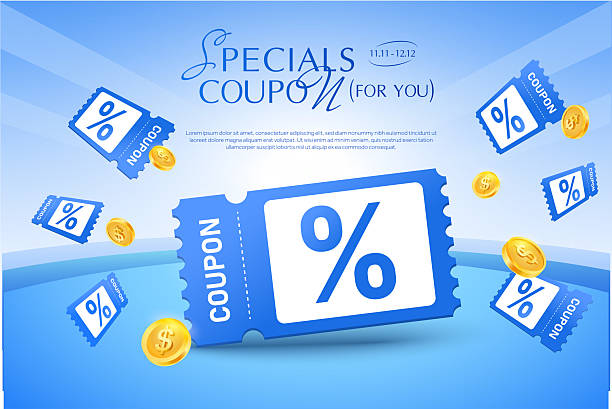 ilustrații de stoc cu cupon special 3d modern cu bilete de reducere albastre, semne procentuale, monede aurii și aspect de text pentru bannere publicitare, izolat pe fundal albastru gradient. voucher cadou 3d în vector - cupon