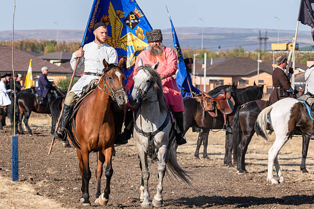 Zheleznovodsk - September 5: A Cossack in a traditional Circassian on horseback, with a sword and a hat on his head. September 5, 2025 in Zheleznovodsk, Russia