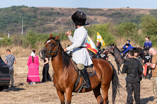 Zheleznovodsk - September 5: Demonstration performance of mounted Cossack warriors with sabers. September 5, 2025 in Zheleznovodsk, Russia