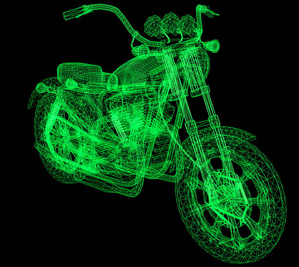 Detailed 3D chopper cruizer motorcycle model on black background.