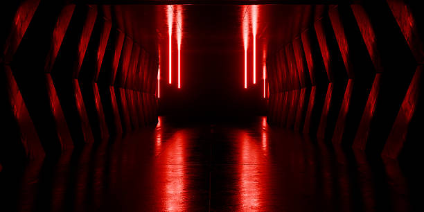 istock Modern Alien Tunnel Corridor Spaceship Red Glow Lasers Room Garage Hangar Warehouse Sci Fi Futuristic Metal Mesh Panels Structure Stone Floor Showroom Garage Lights 3D Rendering 2233968152