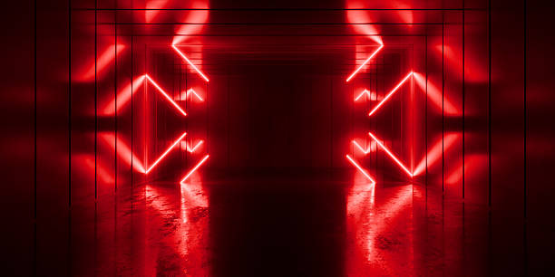 istock Modern Alien Tunnel Corridor Spaceship Red Glow Lasers Room Garage Hangar Warehouse Sci Fi Futuristic Metal Mesh Panels Structure Stone Floor Showroom Garage Lights 3D Rendering 2233968179