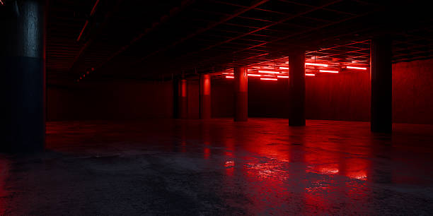 istock Underground Parking Corridor Spaceship Red Glow Room Garage Hangar Warehouse Sci Fi Futuristic Metal Mesh Panels Structure Stone Floor Showroom Garage Lights 3D Rendering 2233968213