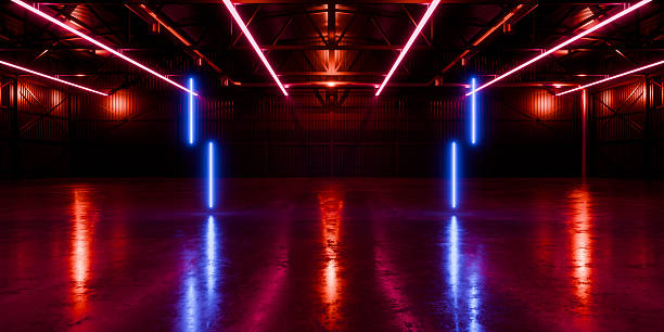 istock Modern Alien Tunnel Corridor Spaceship Red Glow Room Garage Hangar Warehouse Sci Fi Futuristic Metal Mesh Panels Structure Stone Floor Showroom Garage Lights 3D Rendering 2233968253