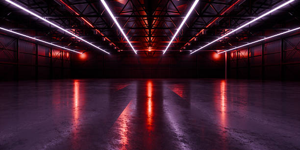 istock Modern Alien Tunnel Corridor Spaceship Red Glow Room Garage Hangar Warehouse Sci Fi Futuristic Metal Mesh Panels Structure Stone Floor Showroom Garage Lights 3D Rendering 2233968262