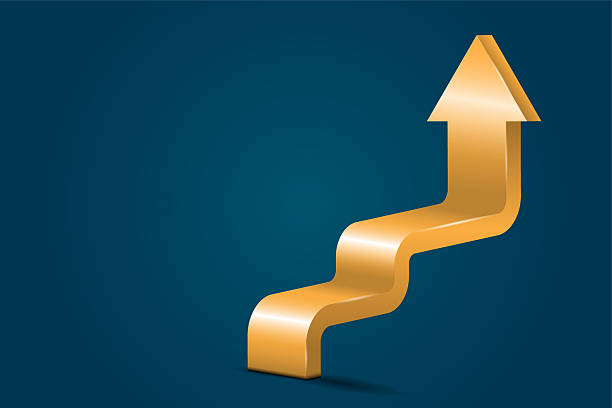 istock One upward curve zigzag wavy pattern upward graph with shining golden yellow gold colored shiny three dimensional 3D slithering wave up arrow for increasing profits, growth, sales, progress, development over blank vector blue background with copy spavce 2233968460