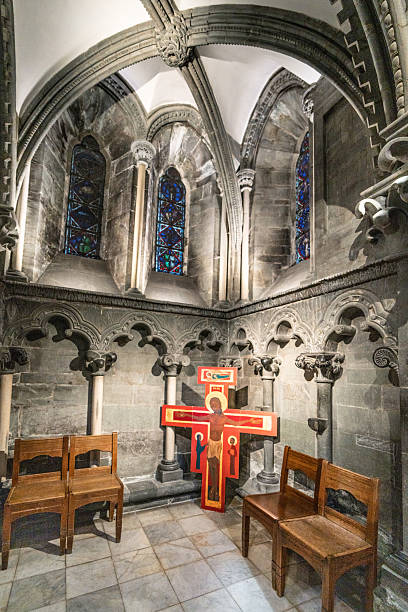 istock Majestic European Cathedral Interior with Ceiling and Stained Glass Window, Nidaros, Trondheim, Norway 2233972794