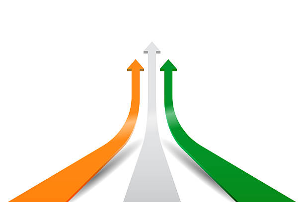 Three upward orange white green colored shiny three dimensional 3D taking off up arrows as in Indian National flag for business growth, sales, progress, development over blank horizontal vector background with copy space for Independence Day Republic Day Three upward orange white green colored shiny three dimensional 3D taking off up arrows as in Indian National flag for business growth, sales, progress, development over blank horizontal vector background with copy space for Independence Day Republic Day celebration posters with togetherness, cooperation, unity, way forward, ahead direction sign, way forward concept.
White background is on separate layer 3-arrows-converging stock illustrations