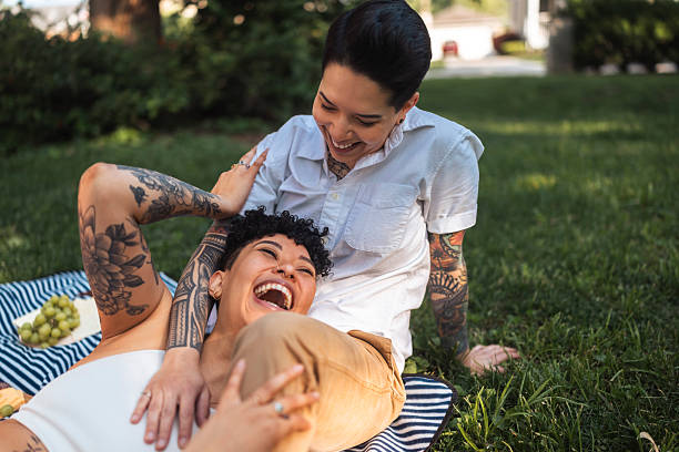 istock Joyful Lesbian Couple Relaxing in Sunny Park 2233979804