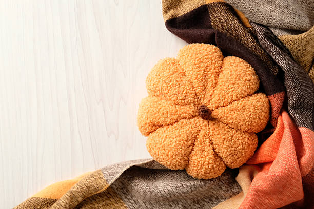 istock Soft plush pumpkin on a warm woven blanket in autumn colors, set on light wood backdrop 2233982936