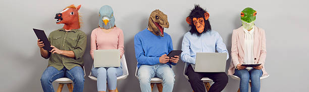 istock Banner of diverse people in animal masks using gadgets 2233984888