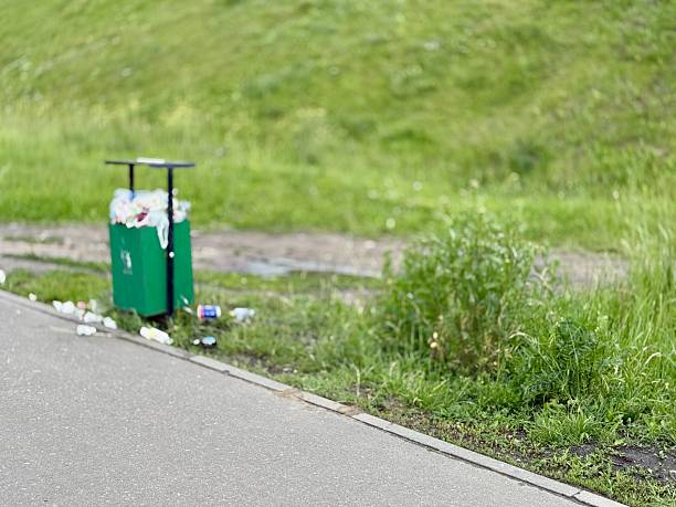istock A trash bin that is littered in a green landscape draws attention to important environmental issues. Green trash bin overflows with waste next to a busy pathway, highlighting serious littering issues 2233989093