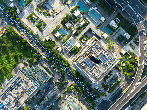 Aerial view of solar panels on city rooftops