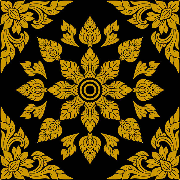 Elegant and luxurious golden Thai traditional pattern on a black background, perfect for premium graphic design, sophisticated decor, and high-end branding projects.