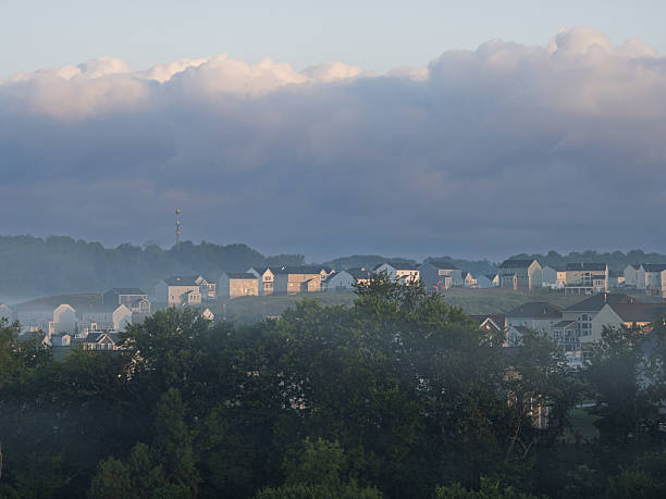 Suburban homes on a misty morning in Pennsylvania, USA stock photo