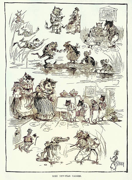 Victorian animal cartoons, Some New Years Callers, Cat and Mouse, Fox and duck, Crocodile, Vintage illustration