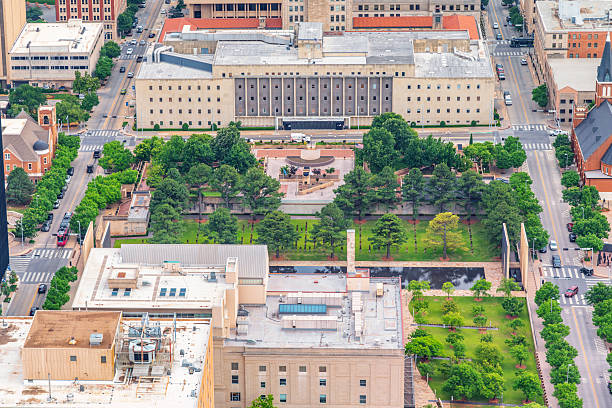 Aerial view of the Oklahoma City Memorial located downtown constructed in remembrance of those lost in the terrorist attack on the Alfred P. Murrah Federal Building downtown on April 19, 1995.