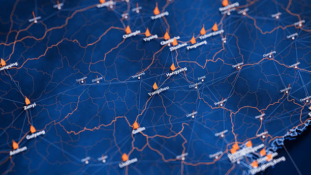 istock Yongzhou map big data visualization. Futuristic map infographic of city in China. Visual map data complexity in modern blue and orange colors 2234009458