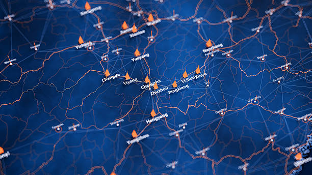 istock Zhuzhou map big data visualization. Futuristic map infographic of city in China. Visual map data complexity in modern blue and orange colors 2234009510