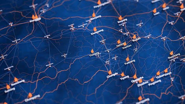 istock Yichang map big data visualization. Futuristic map infographic of city in China. Visual map data complexity in modern blue and orange colors 2234009562