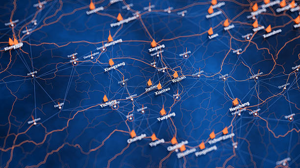 istock Jianmen map big data visualization. Futuristic map infographic of city in China. Visual map data complexity in modern blue and orange colors 2234009633