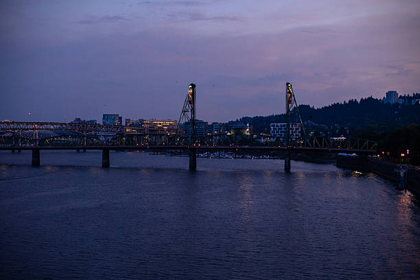 Sunset over Portland downtown city skyline  and the Willamette River in Portland, Oregon