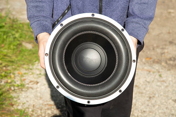 Car subwoofer. Car audio system in a man's hands.