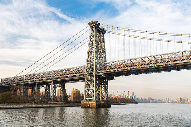 istock Historic Suspended Bridge Over Serene River Under Vibrant Blue Sky 2234018386