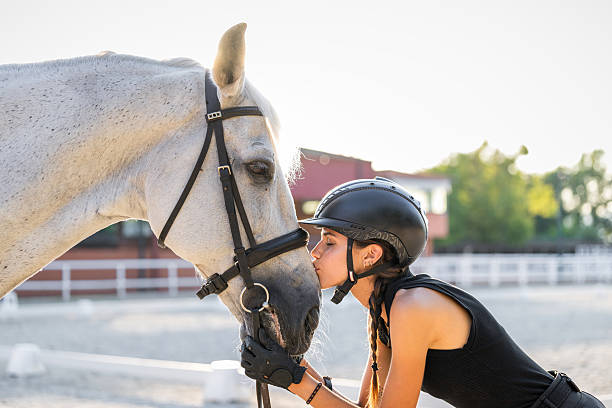 istock Young woman gently kissing white horse, wearing protective gear, inside rustic stable during golden sunset lighting 2234024204