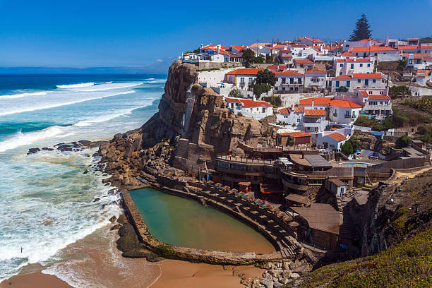istock A vibrant coastal village perched on cliffs overlooks a sandy beach, turquoise waves, and a natural rock pool under a clear blue sky 2234024868