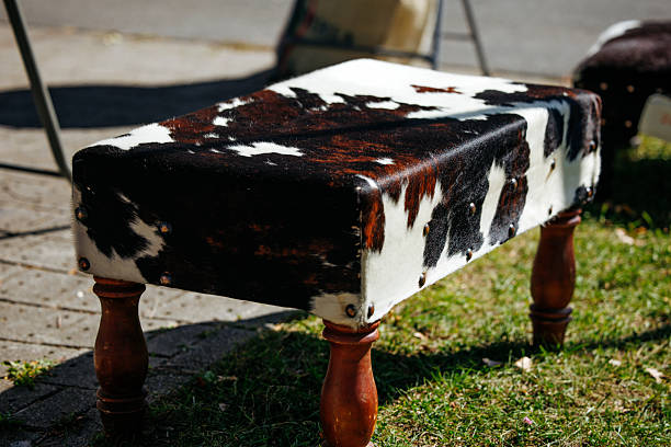 Stretched cowhides drying in the sun. sale of animal skins on the market