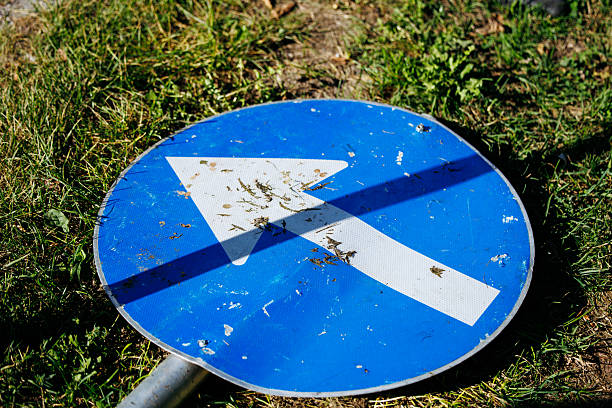 A blue circular traffic sign indicating a left turn, with a white arrow pointing left. The background features blurred buildings, suggesting an urban setting.