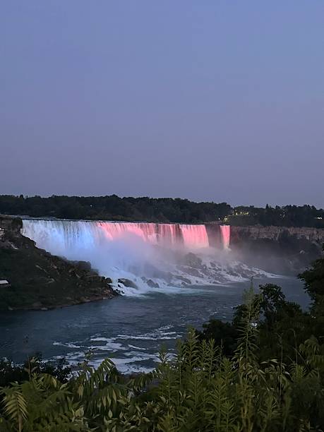 American and Bridal Veil Falls Illuminated at Night