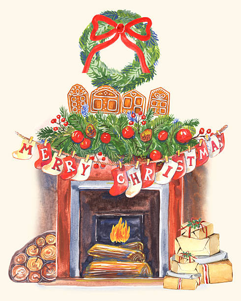 Christmas winter decoration, fireplace, red socks, christmas wreath, firewood, giftbox, cosy home. Watercolor stock illustration. Greeting cards, poster print.