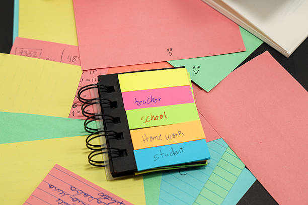 istock sticky notes with the words teacher, student, school, homework with more colored paper behind them 2234052731