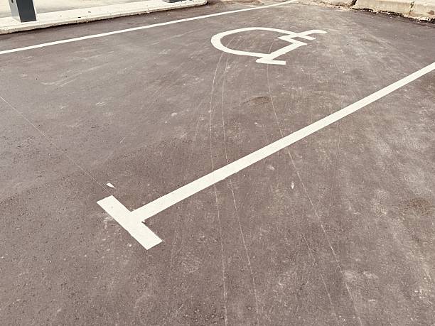 Accessible Parking Spaces Specifically Designed for Individuals with Disabilities and Needs. Detailed view showcasing a designated handicap parking space that highlights its accessibility features.