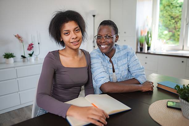 Two young black women are smiling while studying together at home