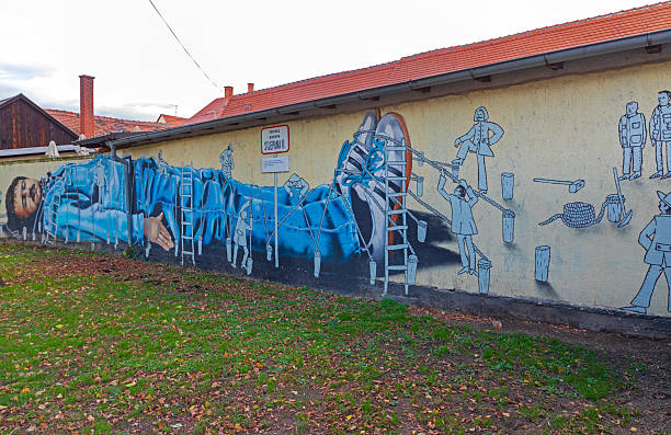 One male, male artist painting a graffiti on the wall on building top.