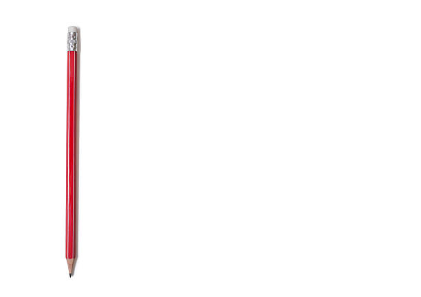 Classic red pencil with an eraser on a white background with free space for text. The concept of creativity or stationery in the form of a pencil. Long red pencil for drawing or sketching
