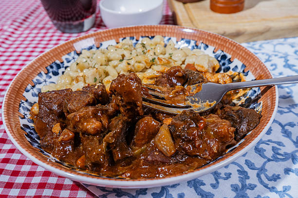 Delicious hungarian goulash with spaetzle on a plate