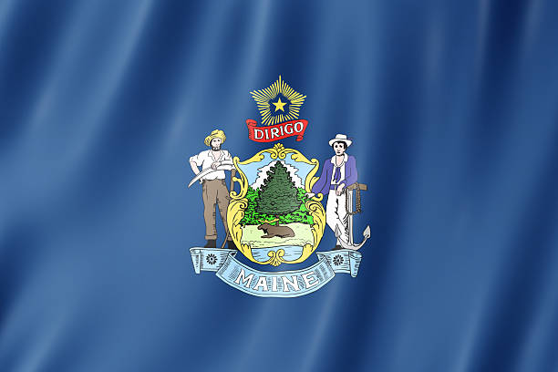 Flag of Maine, US state. 3D illustration of the Maine flag waving.