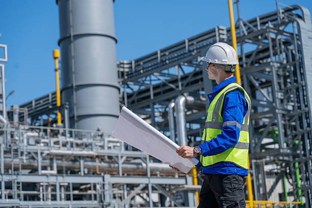 istock Engineer examines industrial architectural plans power plant facility tall structures, pipelines, and towers planning in construction, energy production, and heavy industry operations in a modern industrial environment. 2234076203