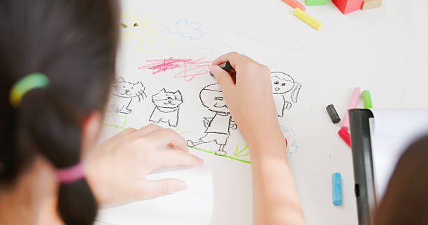 Back to school concept illustration. Stick figure boy and girl holding hands, running together on top of a giant colored pencil. Childlike, playful, minimal, hand-drawn style.